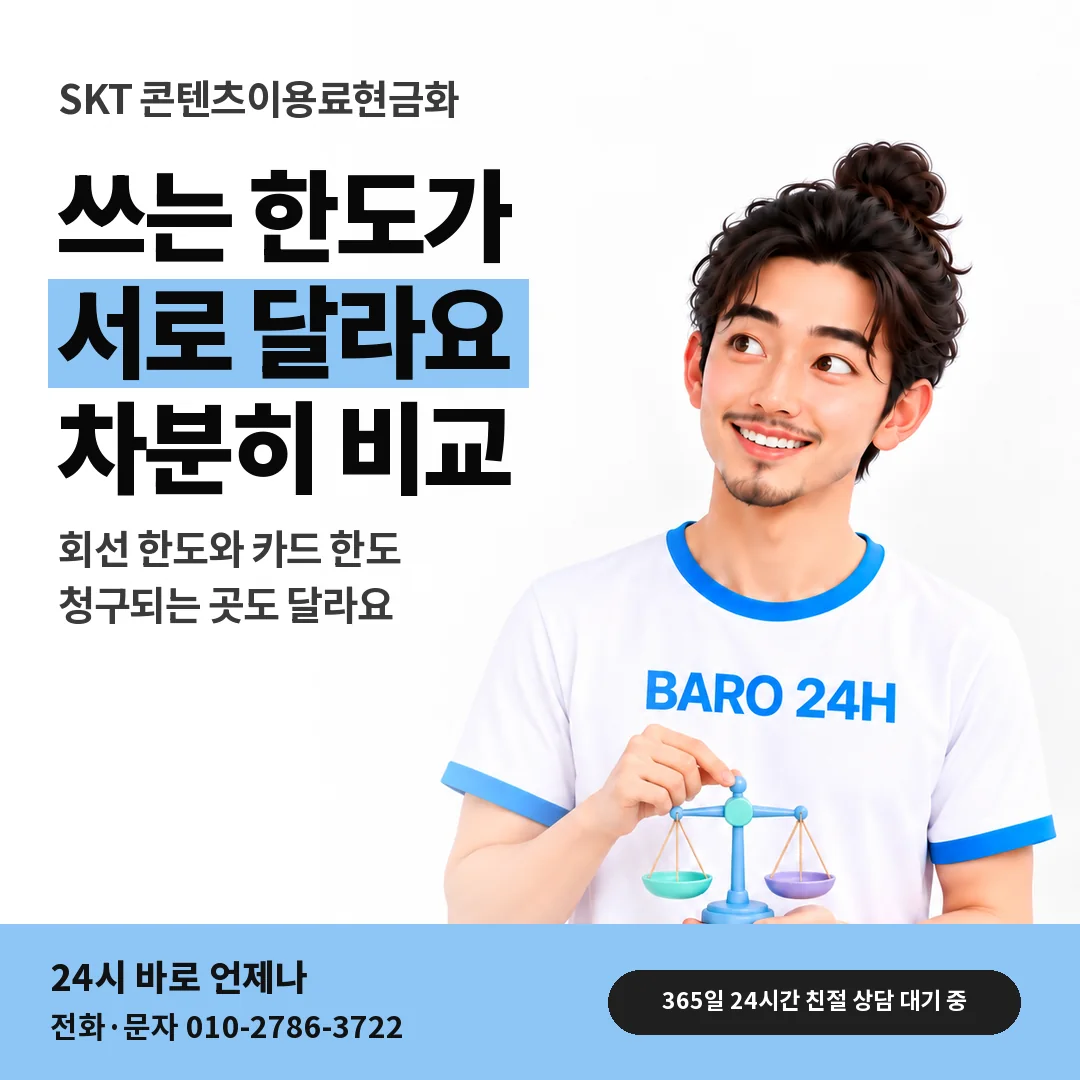 BARO 24H 티셔츠를 입은 3D 인물 옆에 「SKT 카드깡과 이 방식 차이」 제목을 얹은 안내 카드
