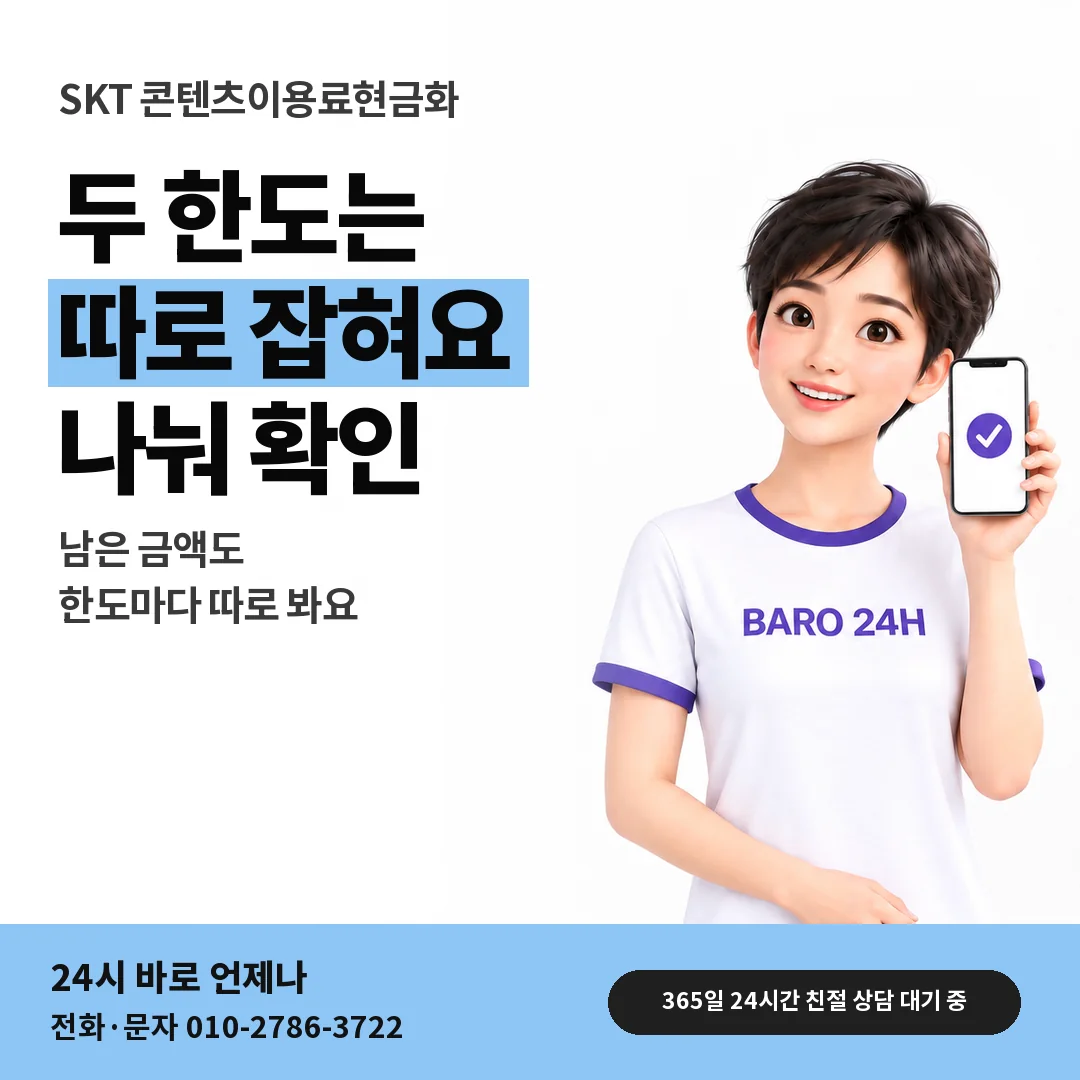 BARO 24H 티셔츠를 입은 3D 인물 옆에 「SKT 별개로 잡히는 두 한도」 제목을 얹은 안내 카드